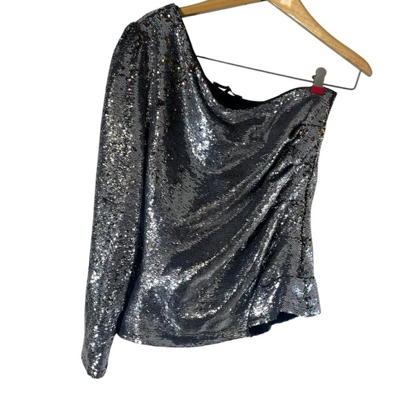 MAJE Loinita Argent Metallic Sequined One Shoulder Top - Picture 4 of 13